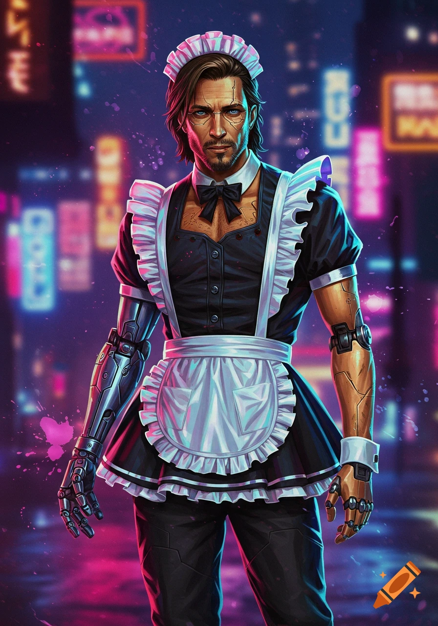 A male character with cybernetic arms and facial implants, wearing a black maid outfit with white ruffles, stands against a blurred neon cyberpunk city background.