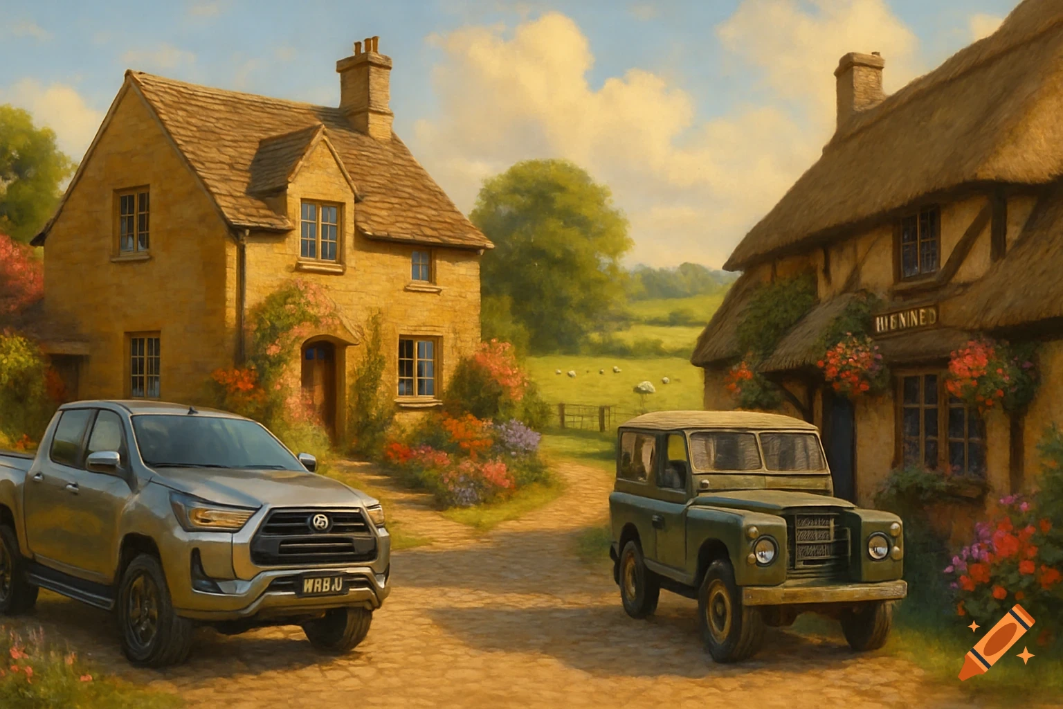 A painterly scene of a silver pickup truck and a green Land Rover parked on a dirt road in front of traditional English cottages with thatched roofs and flowering vines.