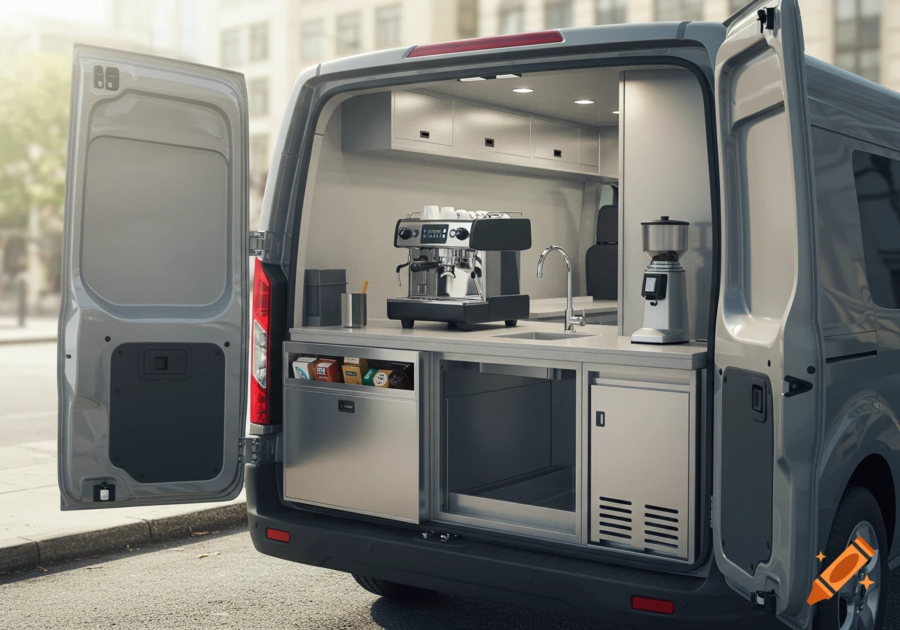 Rear view of a grey Ford Transit Connect van with its back doors open, revealing a mobile coffee bar setup with stainless steel counters, an espresso machine, and a coffee grinder.
