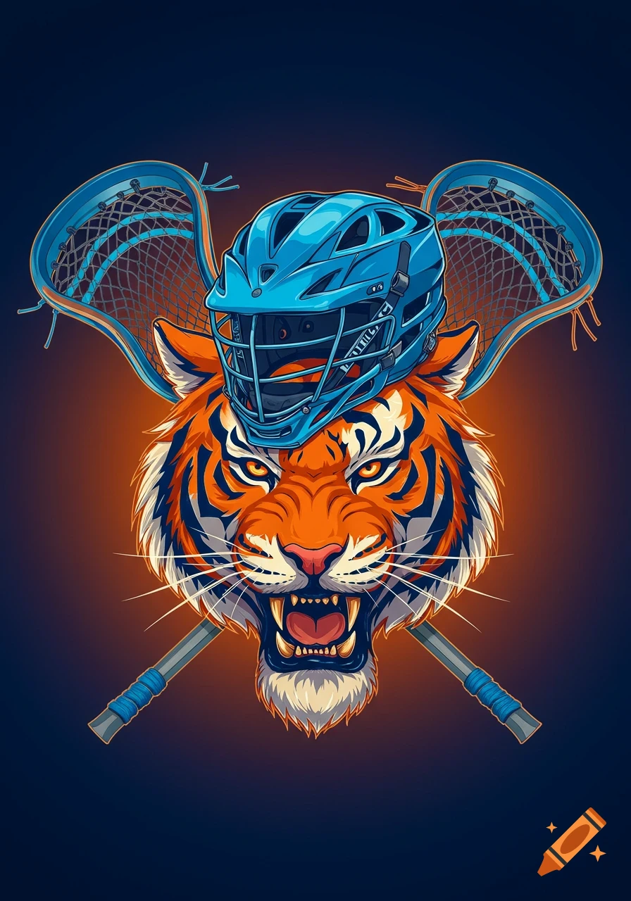 A vibrant illustration of an orange and black striped tiger head roaring, wearing a blue lacrosse helmet, with two crossed lacrosse sticks behind it.