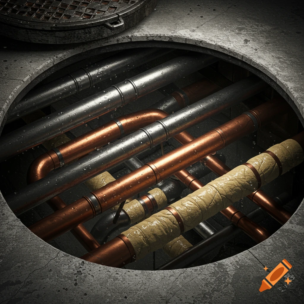 A photorealistic view looking down into a manhole revealing multiple layers of wet metal and copper pipes.