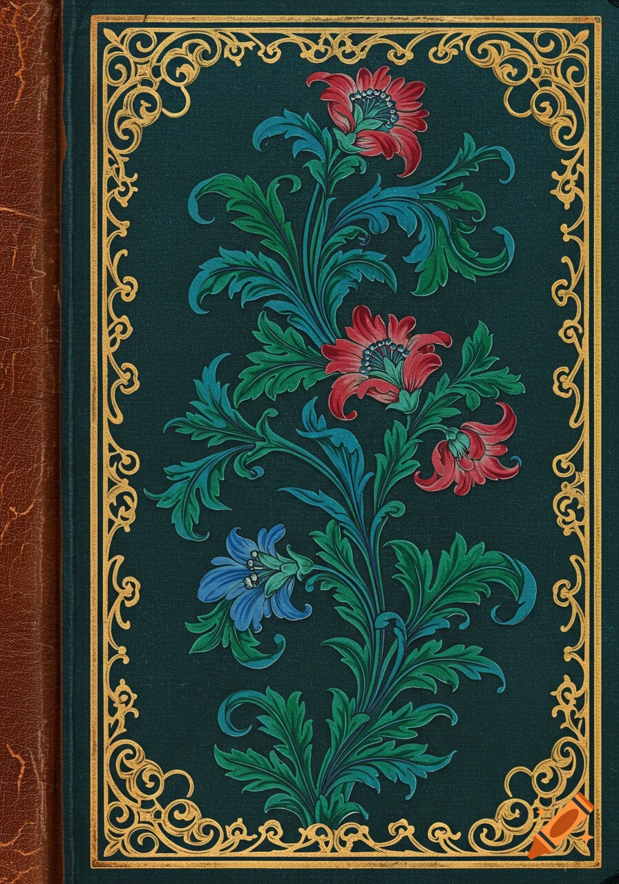 Ornate Victorian book cover with red, blue, and green floral design on a dark teal background, framed by a gold border.