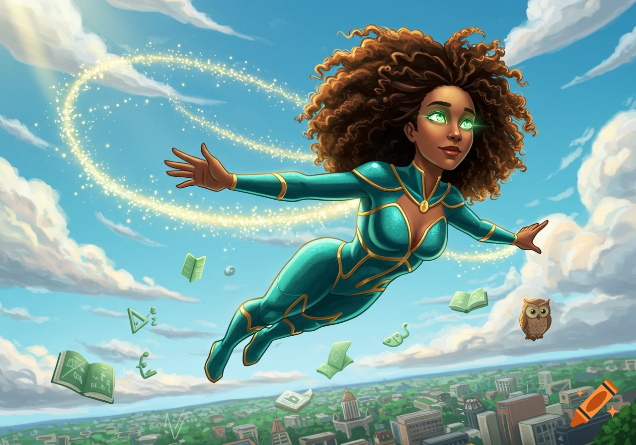 Cartoon of a Black female superhero with curly hair flying over a city, surrounded by magical sparkles and floating books.