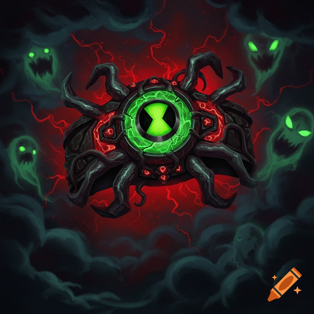 A scary, dark Omnitrix with green glow and red energy, surrounded by ghostly figures in smoke.