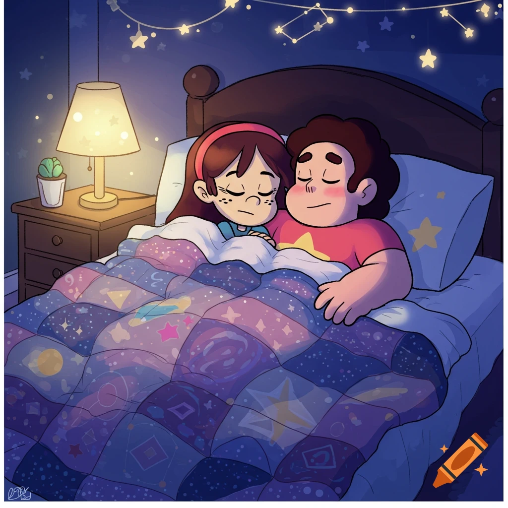 Cartoon of Steven Universe and a girl sleeping cozy in a bed, under a starry blanket, illuminated by a lamp and string lights.