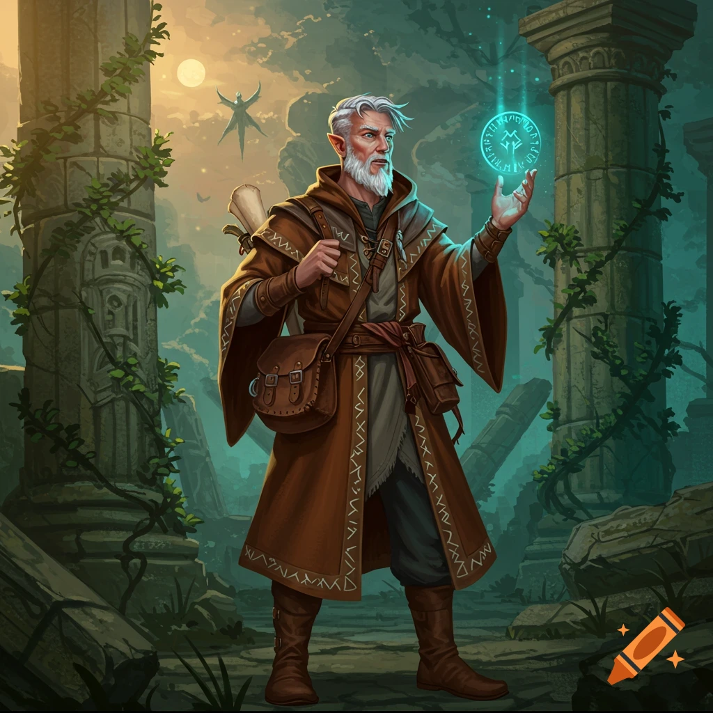 An older male elf, dressed as a scholar, holding a glowing magical symbol in ancient ruins at dusk. Fantasy art.