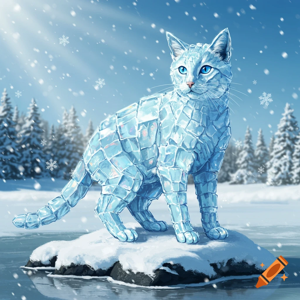 An ice cat with blue eyes stands on a snowy rock in a winter landscape with falling snowflakes and fir trees.