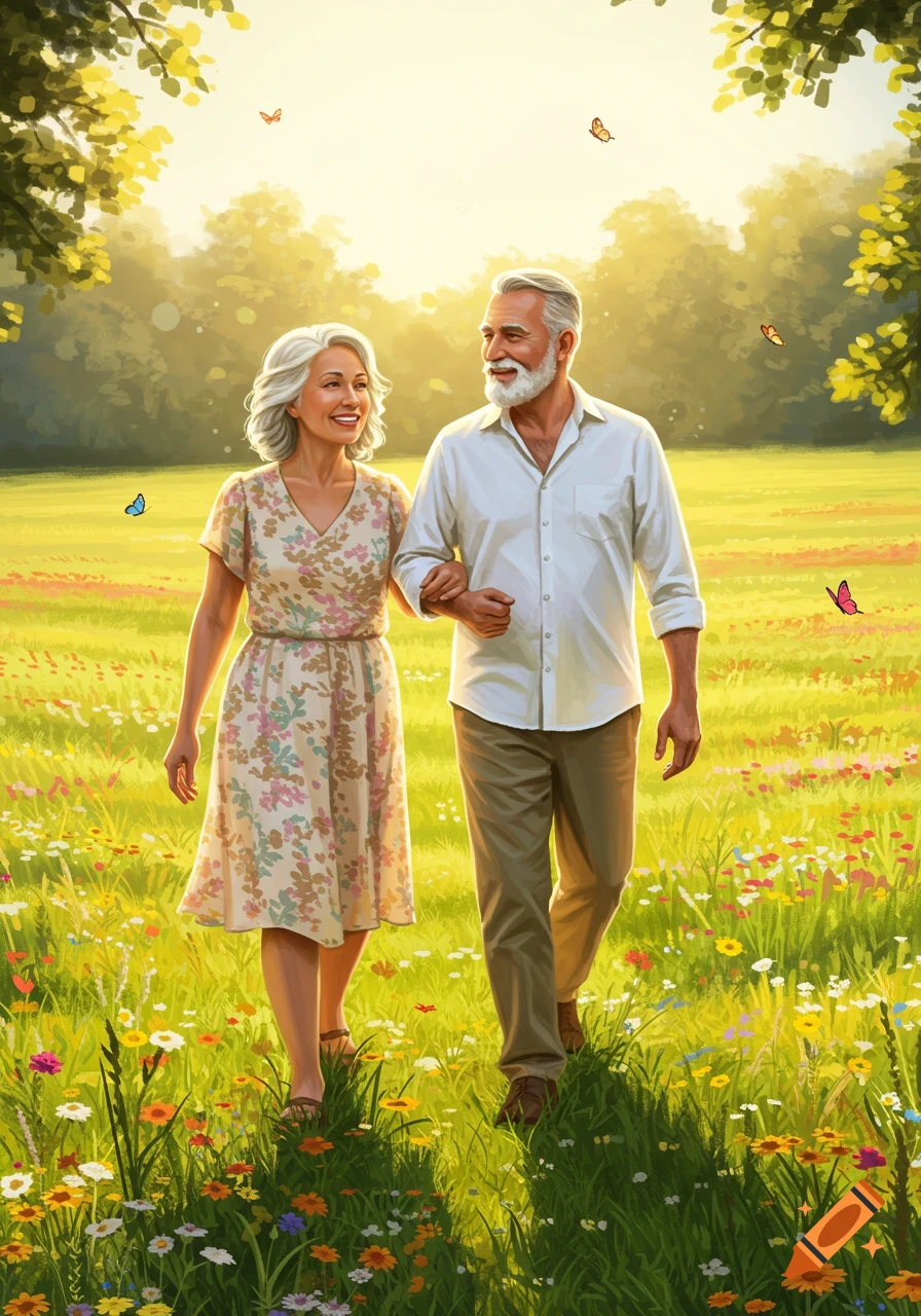 An illustration of an elderly couple walking arm-in-arm through a sunny, flower-filled meadow, looking at each other and smiling.