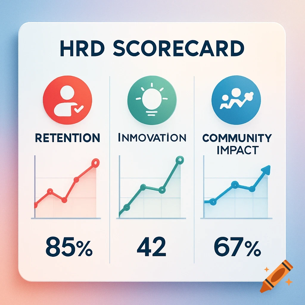 A clean HRD scorecard graphic displaying Retention (85%), Innovation (42), and Community Impact (67%) with icons and line graphs.