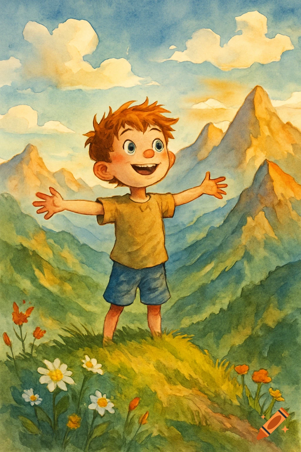 A happy cartoon boy with red hair and blue eyes stands on a grassy mountain hill with arms outstretched, set against a watercolor backdrop of mountains and a blue sky with clouds.
