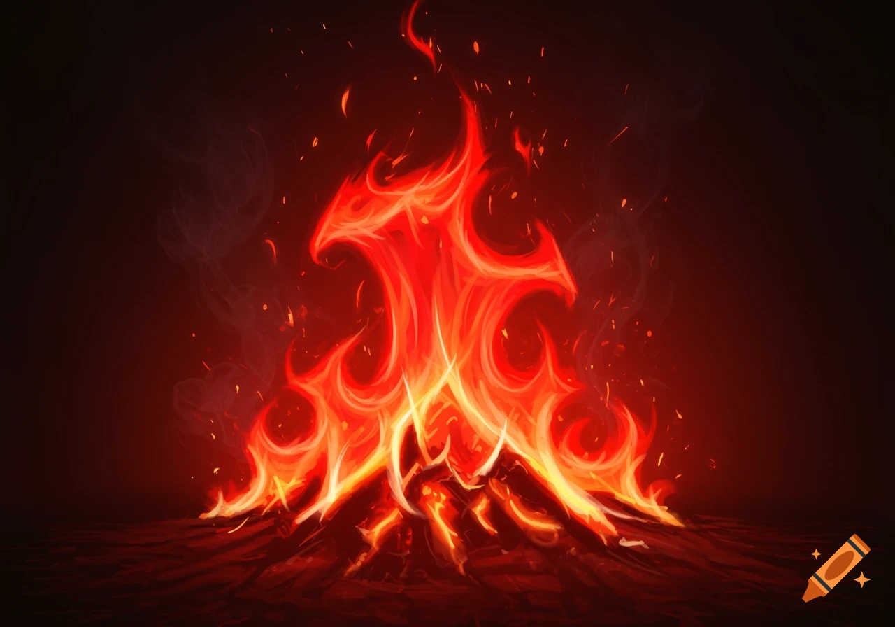 A vibrant, stylized red and orange flame with glowing embers against a dark background.