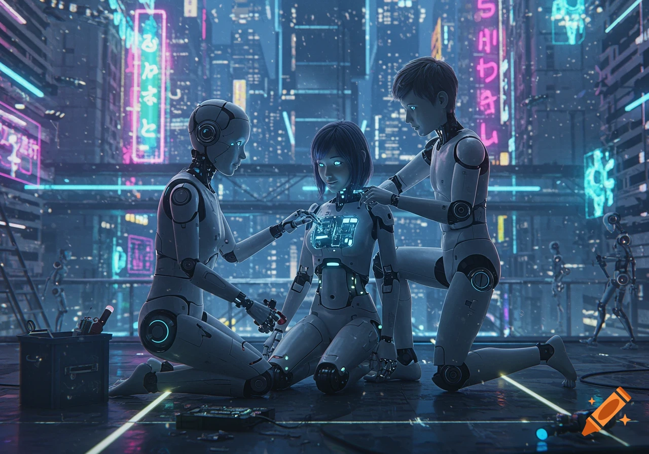 Three humanoid robots in a futuristic city, two repairing the chest panel of a third with glowing components, against a neon-lit cityscape.