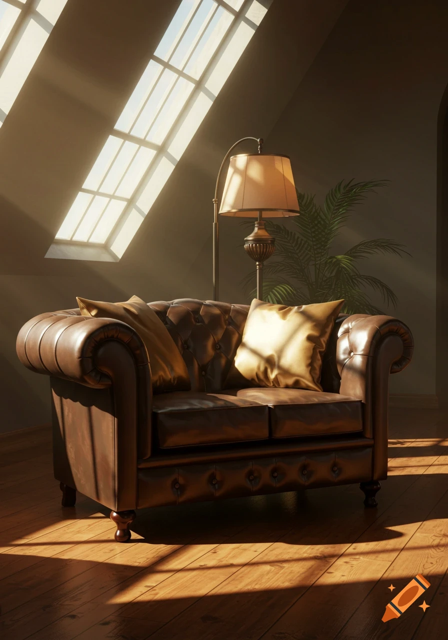 A brown leather Chesterfield couch bathed in sunlight from a large attic window, next to a floor lamp and a plant.