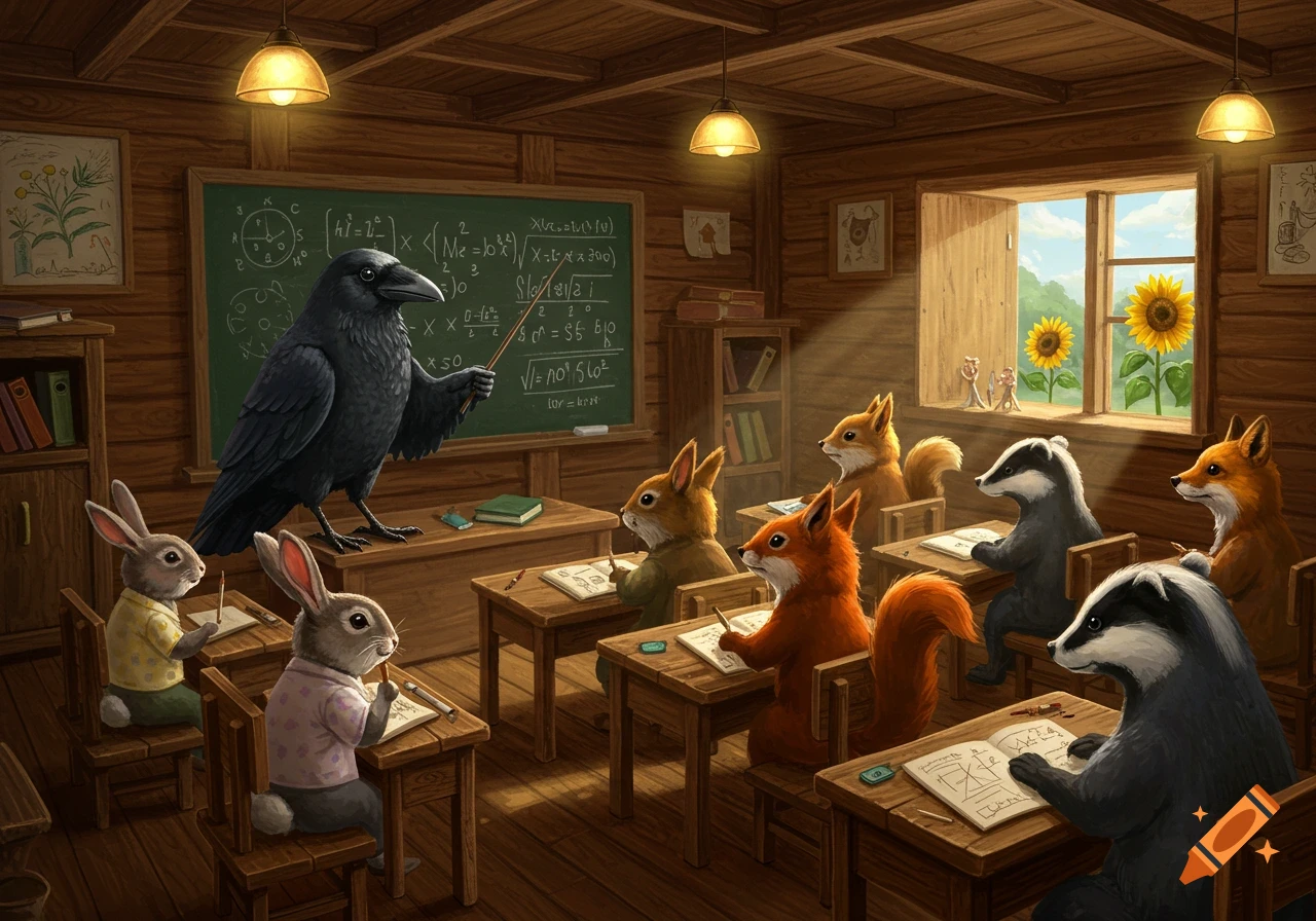 A raven teaches a classroom of various animals, including rabbits, squirrels, and badgers, with a blackboard behind him.