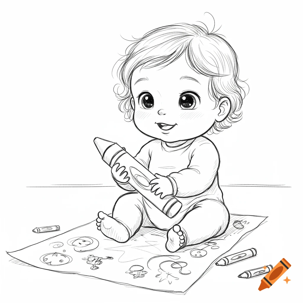 A cute cartoon baby sits on the floor, holding a large crayon and drawing on a paper, in black and white outline.