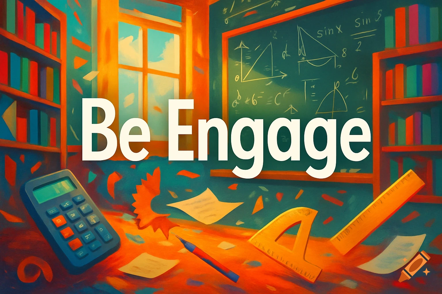 The text 'Be Engage' in a vibrant, painterly illustration of a math classroom with a calculator, books, ruler, and blackboard.