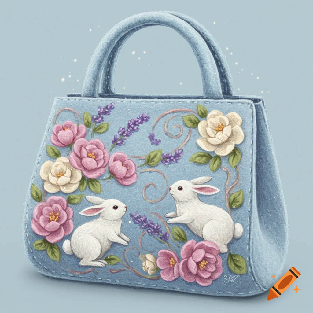 A light blue felt handbag adorned with pink and cream flowers, green leaves, and two white bunnies in an illustrative style.