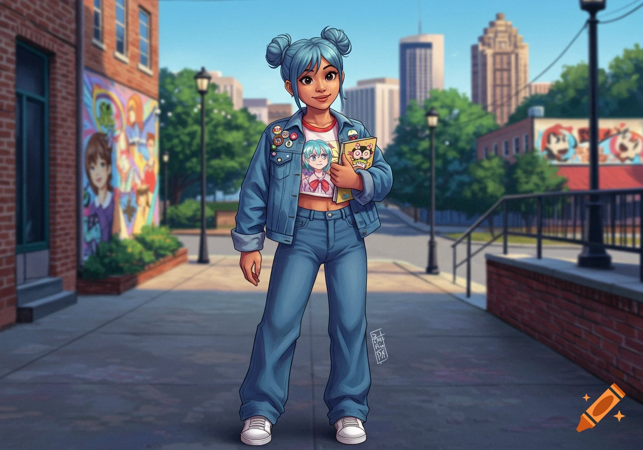 A Filipino-American woman with blue hair in space buns, wearing a denim jacket, anime t-shirt, and wide-leg jeans, stands holding a sketchbook in an urban setting with a colorful mural.