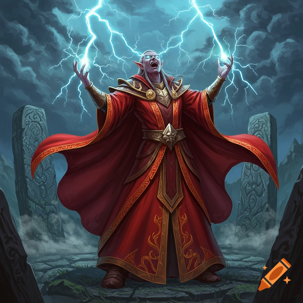 An Elven sorcerer in red robes casts blue lightning from his hands and eyes, standing among ancient stones under a stormy sky.