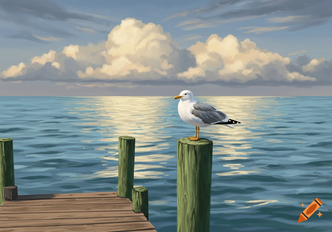 A seagull perched on a wooden post on a dock, overlooking a calm sea with clouds in the sky.