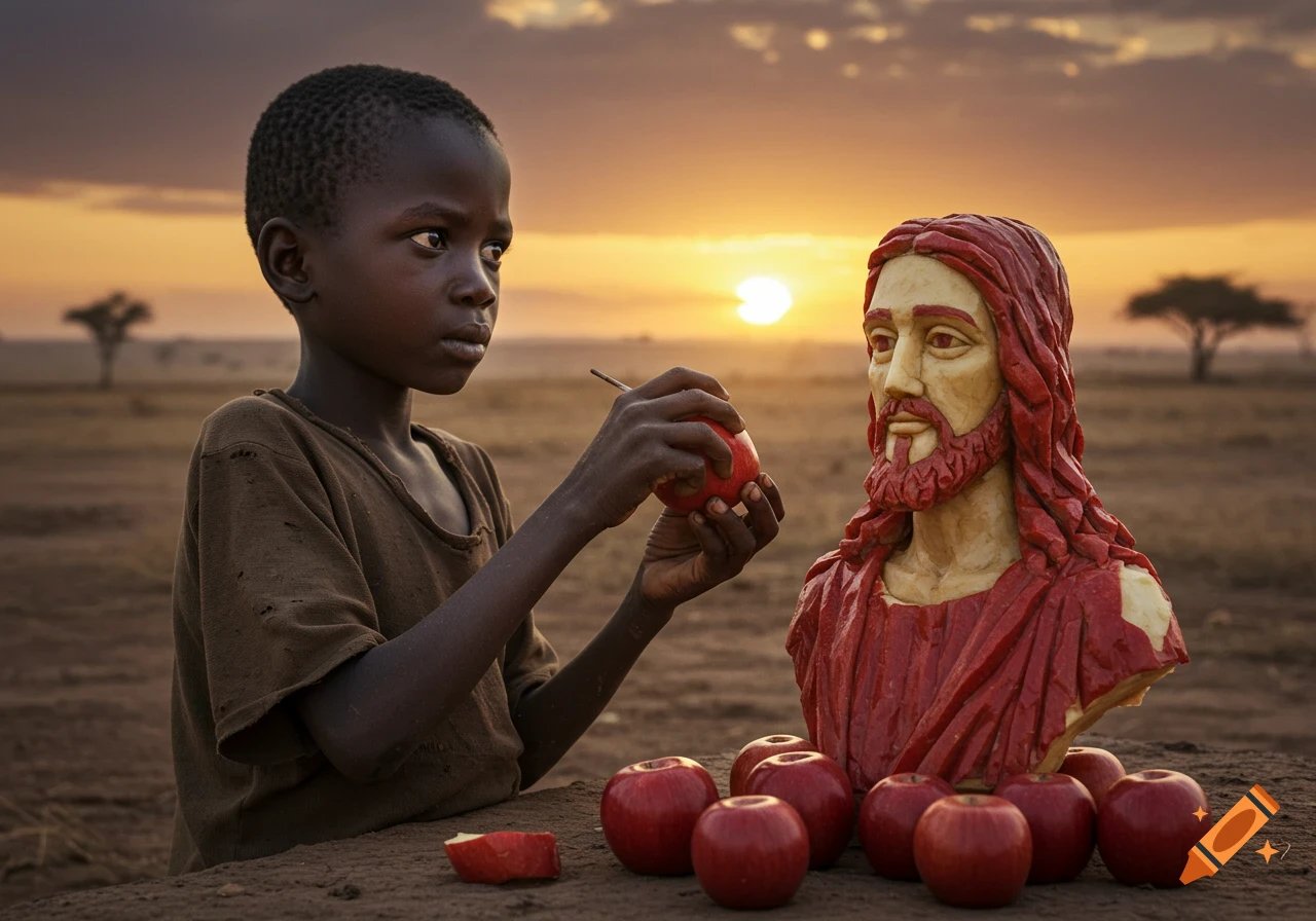 A young African child carves a Jesus bust out of apples at sunset in a dry, open landscape.