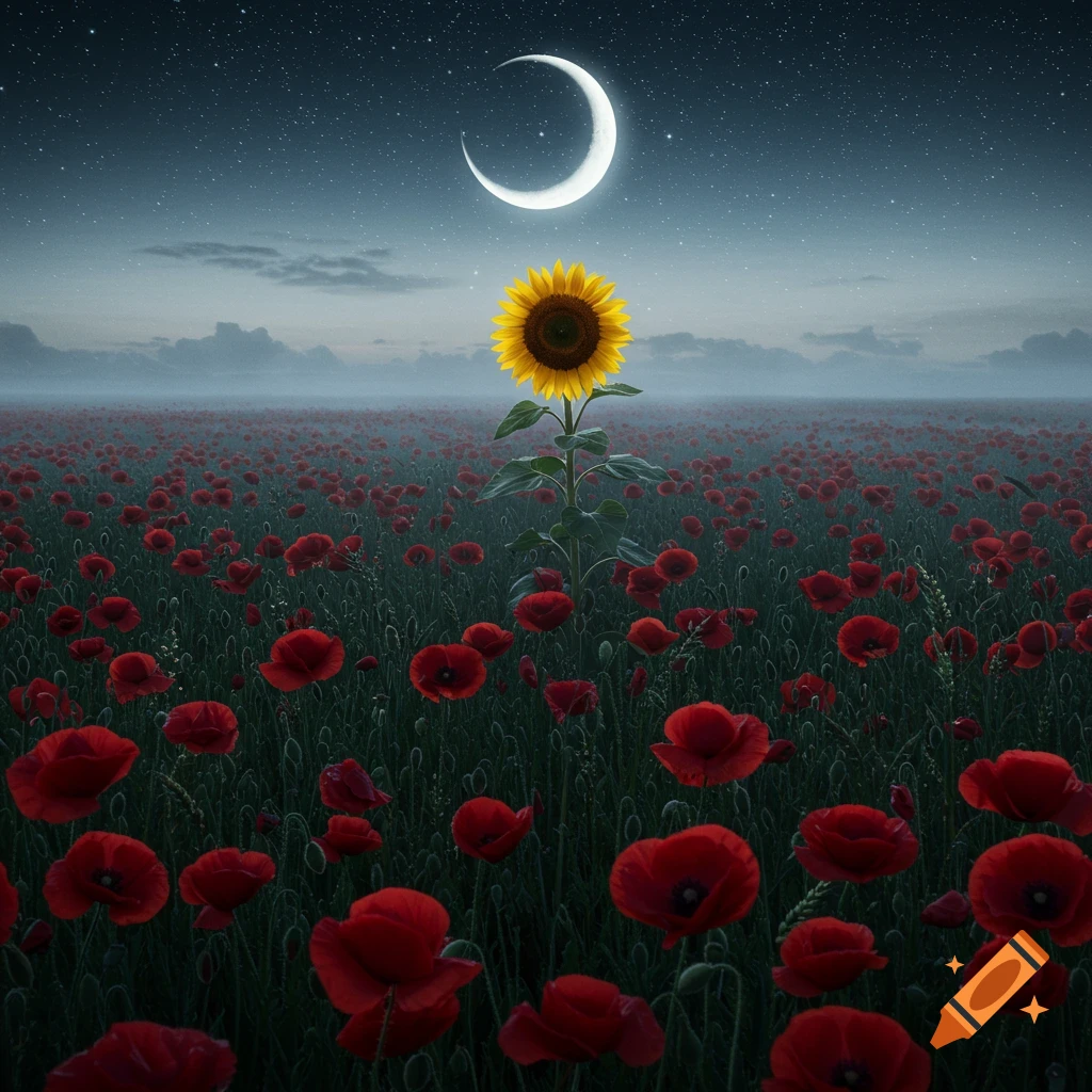 A tall sunflower stands in a vast field of red poppy flowers under a crescent moon and starry night sky.
