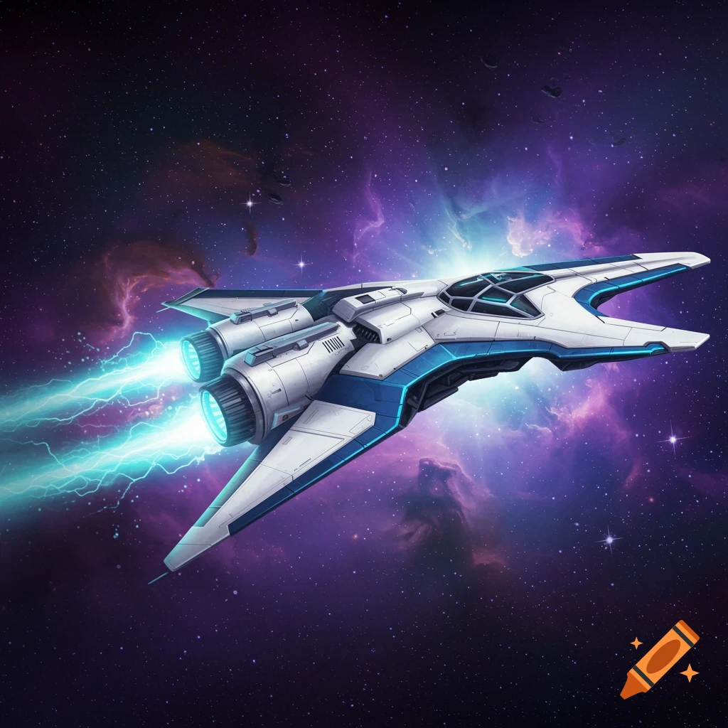 A white and blue futuristic spaceship flies through a vibrant purple and blue nebula in outer space, with bright blue engine trails.