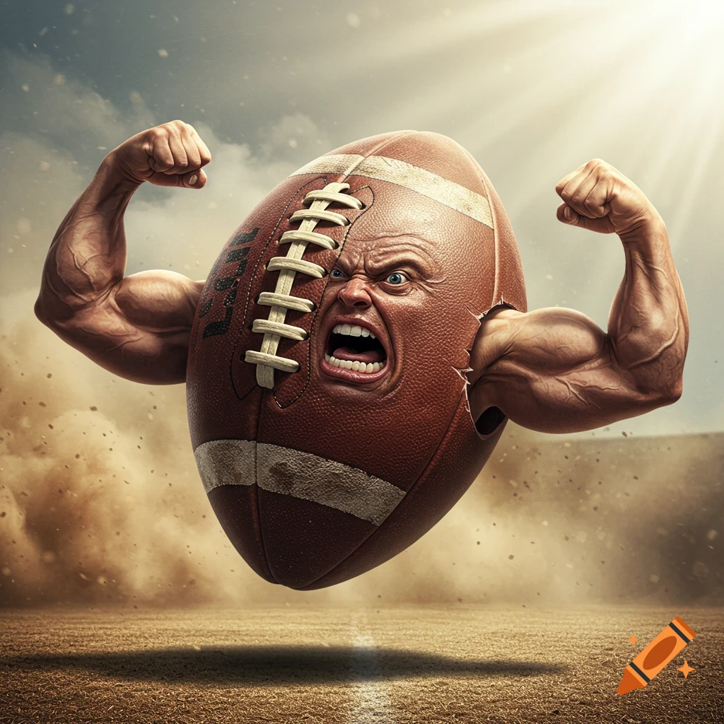 An angry, muscular football flexing its biceps, floating above a dusty field with a bright, cloudy sky.