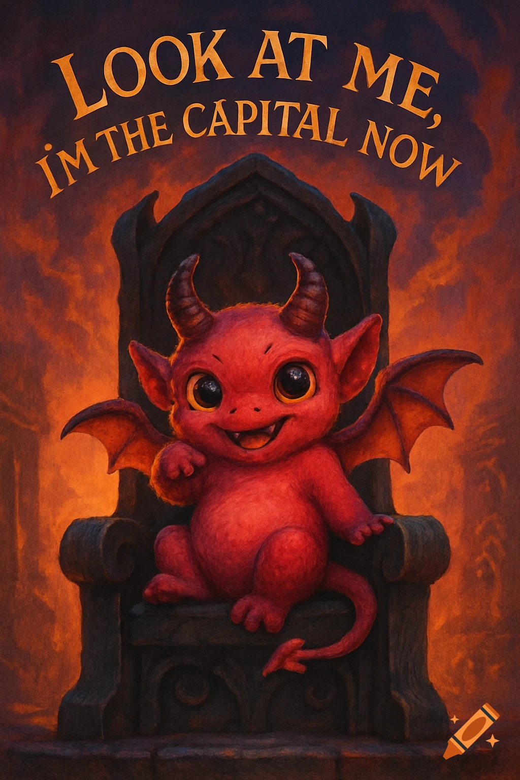 A cute, smiling red demon with horns and small wings sits on a dark throne against a fiery orange and black background. Text above reads "LOOK AT ME, I'M THE CAPITAL NOW".