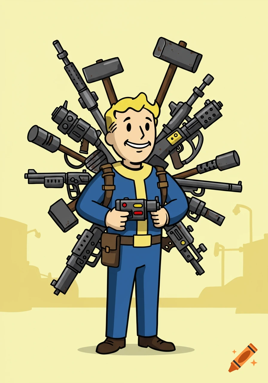 Cartoon Vault Boy from Fallout, smiling and holding a small ray gun, surrounded by a large array of rifles, shotguns, and hammers.