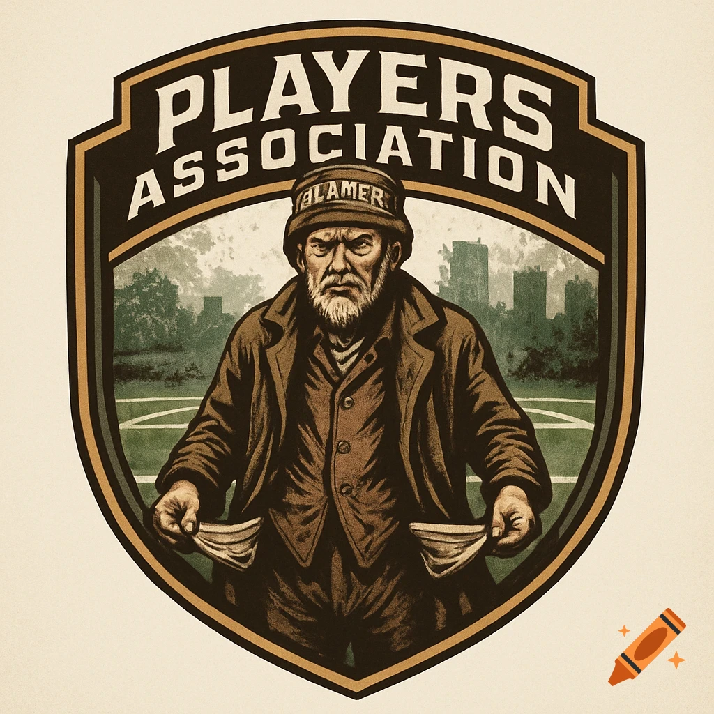 A distressed, bearded man with empty pockets inside a shield logo, with 'PLAYERS ASSOCIATION' text above and 'ALAMER' on his hat, against a stadium and city skyline.