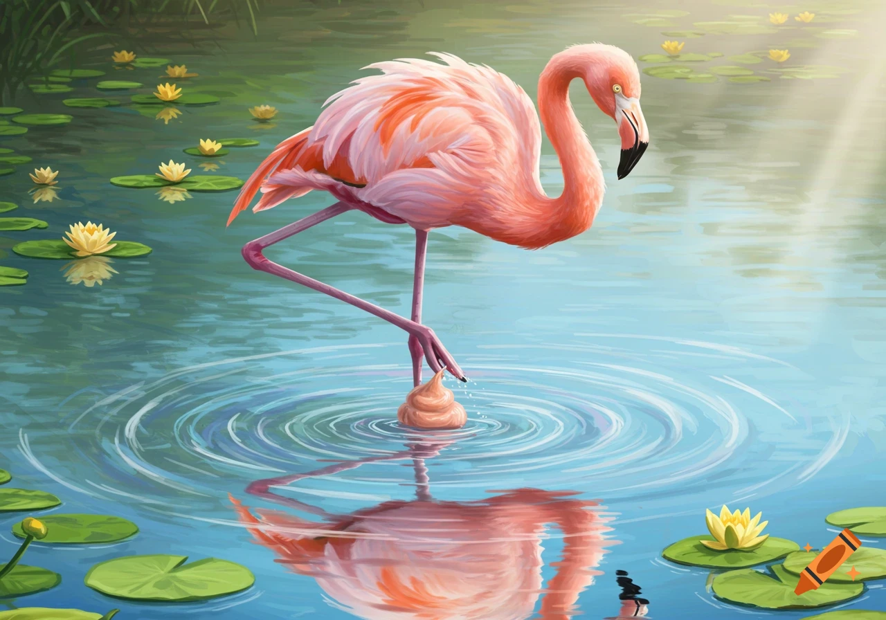 A pink flamingo stands in a pond with lily pads, dropping a swirl of brown substance from its leg into the water, creating ripples.