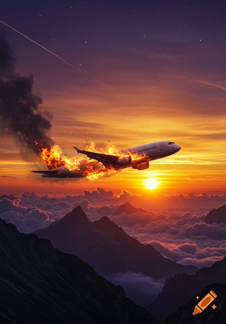 A passenger airplane engulfed in flames and smoke flies over a mountain range with clouds, set against a dramatic orange and purple sunset.