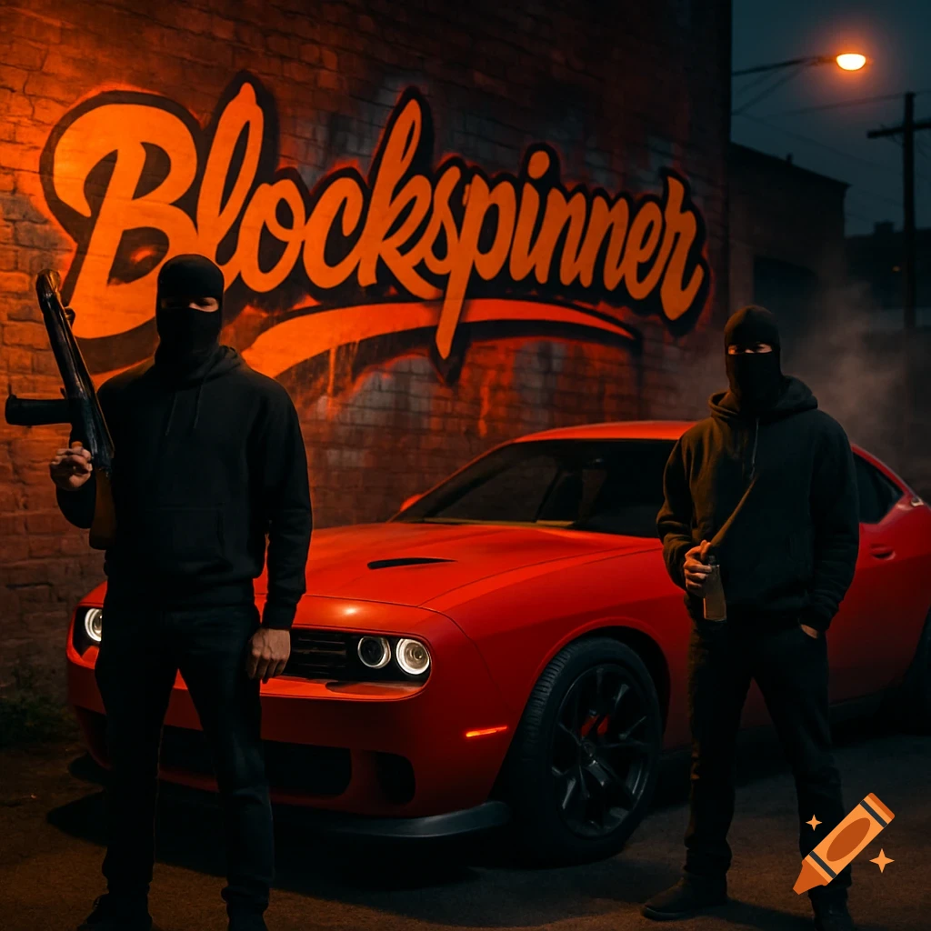 Two masked figures with a rifle and a bottle stand beside a red muscle car in front of a brick wall with 'Blockspinner' graffiti at night.