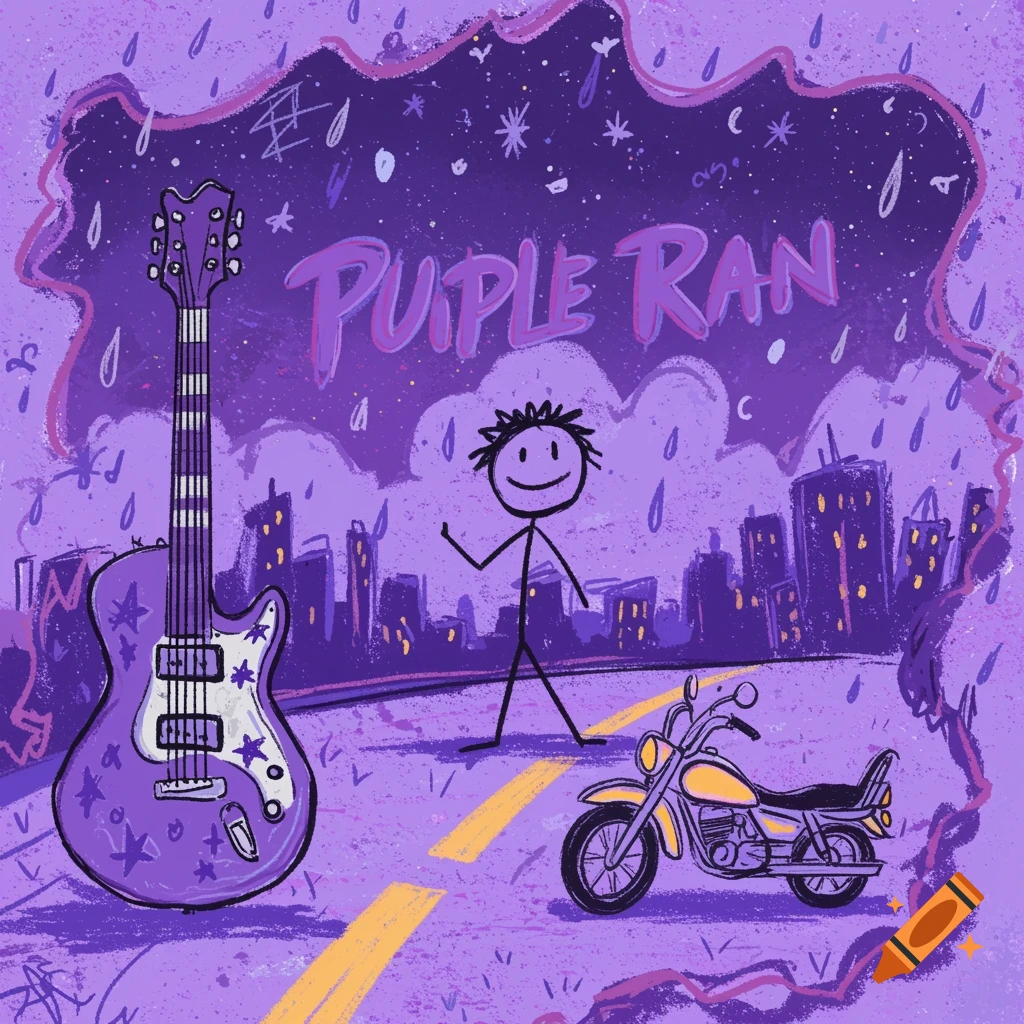 A childlike purple illustration of a city street in the rain with a stick figure, guitar, motorcycle, and the text 'PUPLE RAN'.