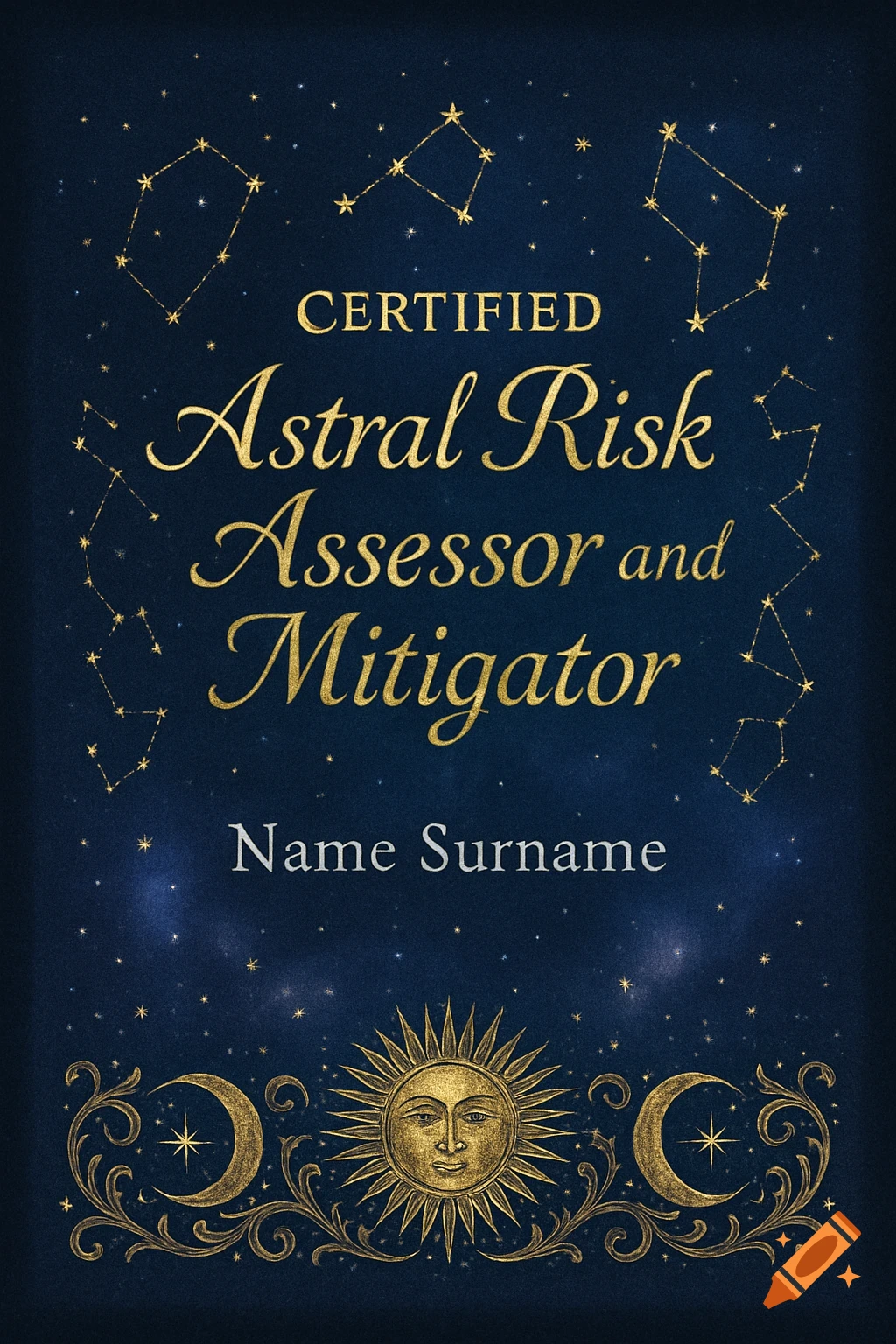 A dark blue certificate with golden text and celestial designs, titled 'Certified Astral Risk Assessor and Mitigator'.
