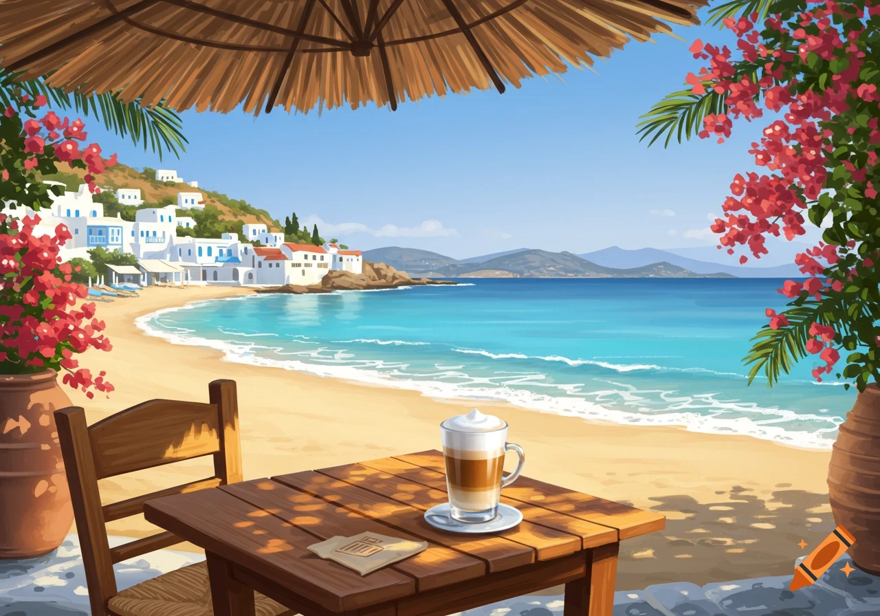 A frothy latte sits on a wooden table on a sunny beach, overlooking a Greek island village with white buildings and blue ocean under a straw umbrella.