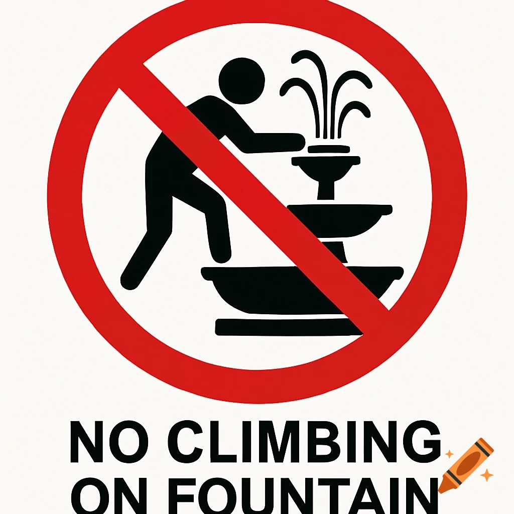 A red circle with a diagonal line over a black silhouette of a person climbing a fountain, with text 'NO CLIMBING ON FOUNTAIN'.