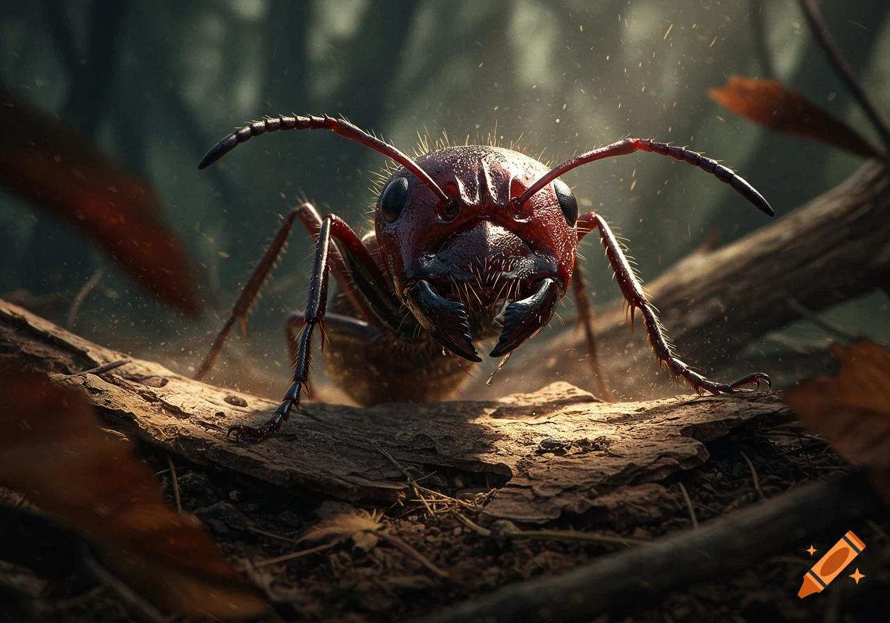 Close-up photorealistic image of a large red ant on a piece of wood, with detailed mandibles and antennae.
