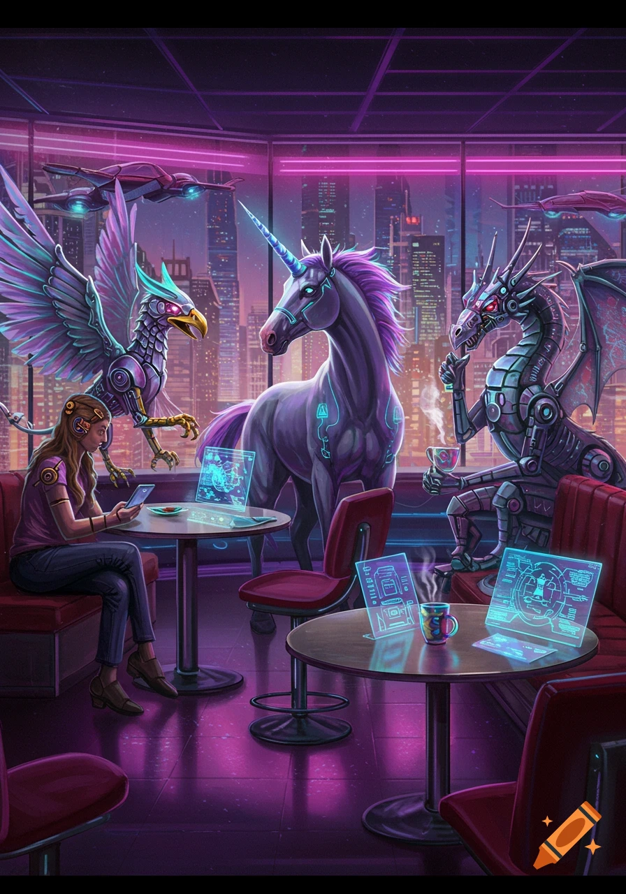 A woman, a unicorn, a griffin, and a robotic dragon in a futuristic cafe with neon lights and holographic screens, overlooking a cityscape.