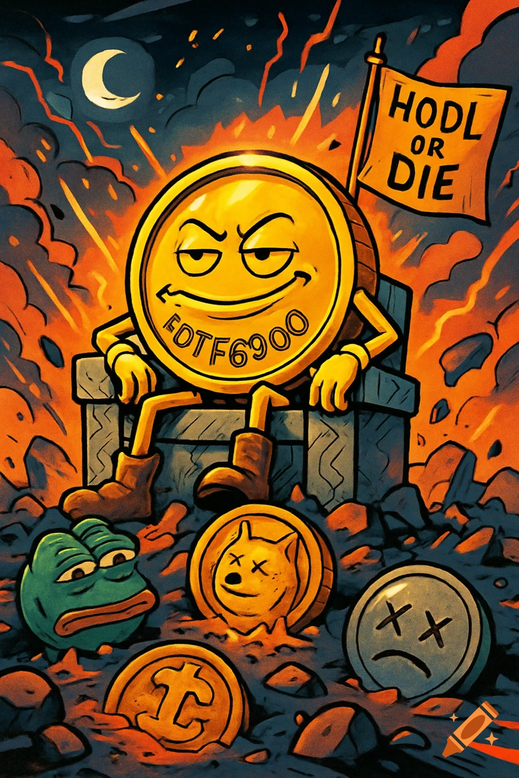 A smug, golden coin with a face, labeled "FDTF6900", sits on a stone throne amidst defeated meme coins like Pepe and Doge. A flag reads "HODL OR DIE", under a crescent moon, in a fiery, degen-style setting.