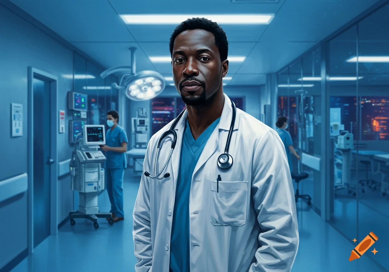 A photorealistic image of a Black male doctor in a white lab coat and stethoscope, standing in a blue-toned hospital hallway.