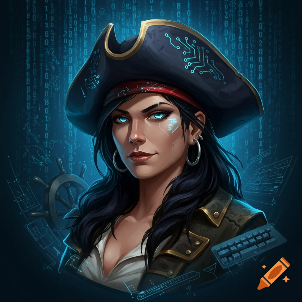 A woman in a pirate hat with glowing blue eyes and cybernetic elements, set against a background of blue digital matrix code and tech schematics.