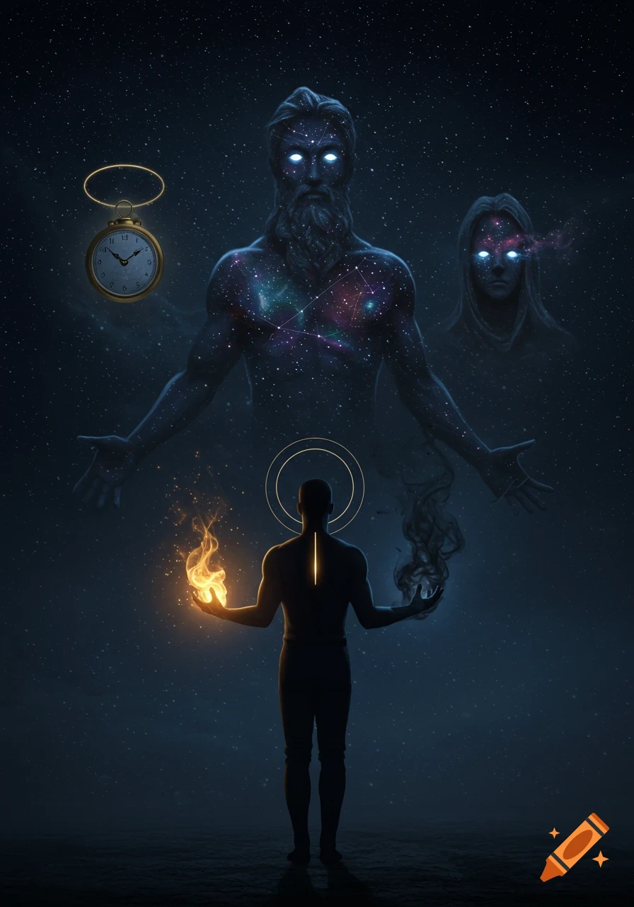 A silhouetted man holding fire and smoke, facing three cosmic gods representing Time, Space, and Soul in a starry void.