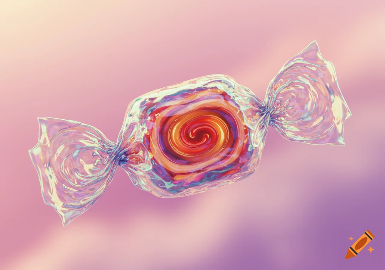 A vibrant, iridescent wrapped candy with a red, orange, and purple swirl against a soft pink and purple gradient background.
