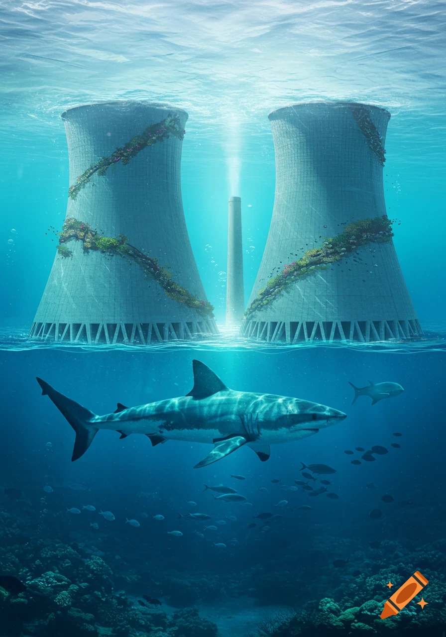 A large great white shark swims underwater, with two massive cooling towers partially submerged behind it, adorned with marine growth.