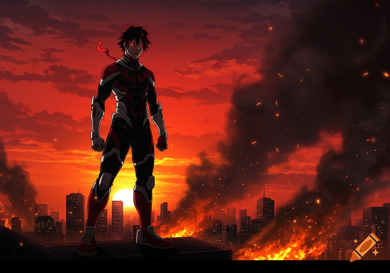 Anime hero with red eyes and a black, red, and white suit stands atop a building overlooking a burning city.