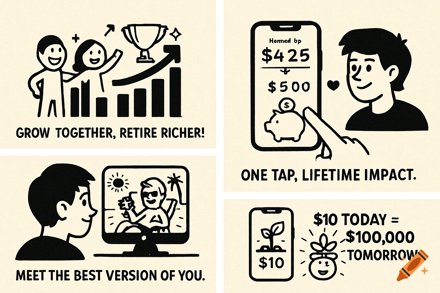 Four black and white illustrations showing financial concepts. One depicts people growing wealth, another a phone with a budget, a third a person viewing their future self on a screen, and the last a phone showing $10 growing to $100,000.