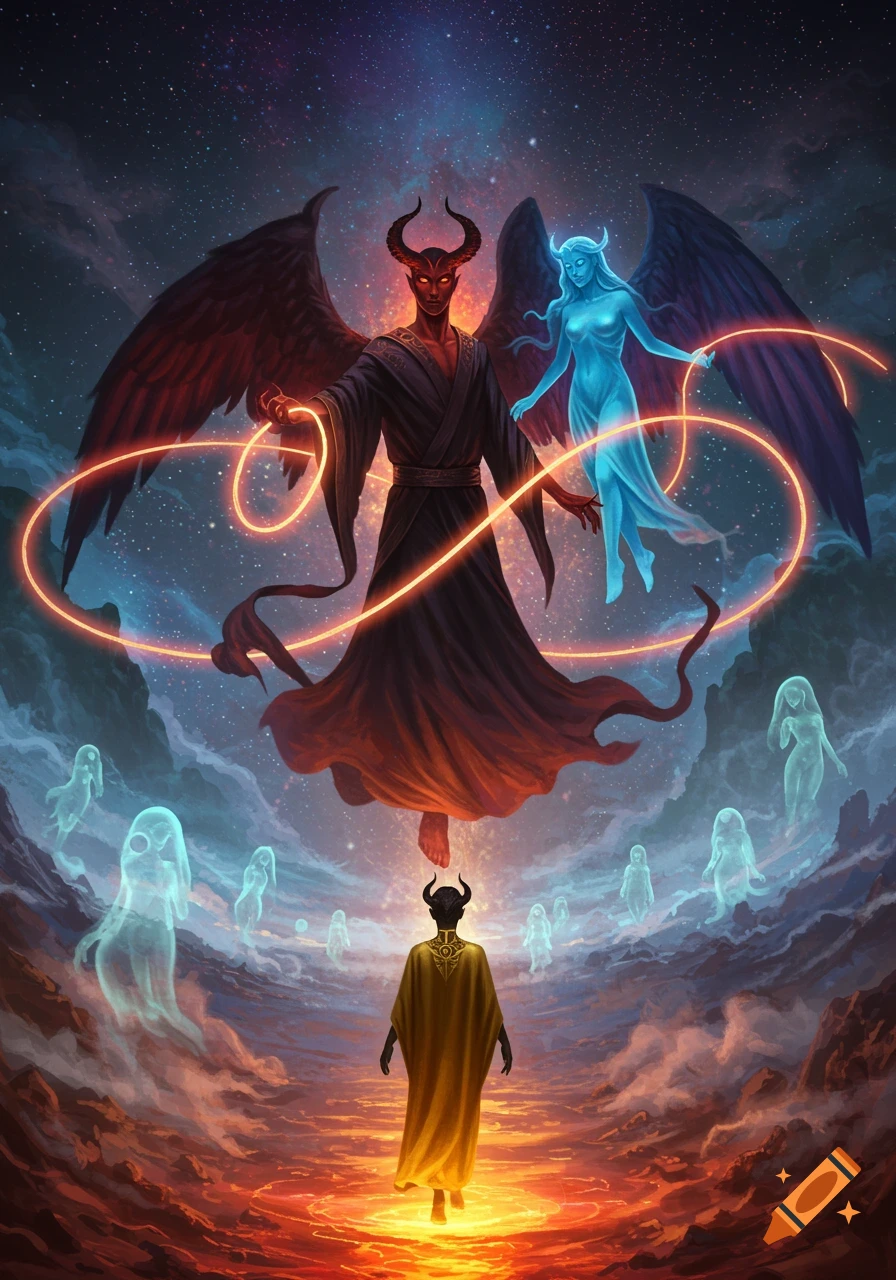 A demonic red figure and a blue angelic figure float in a cosmic sky, connected by glowing rings, above a golden-robed figure surrounded by spirits in a fiery landscape.