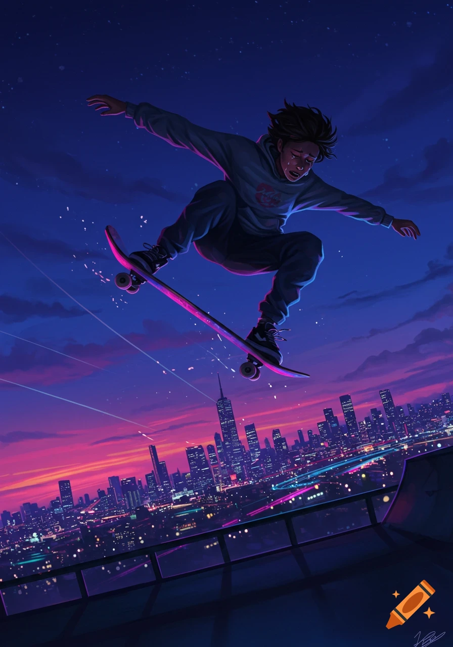Stylized digital art of a crying skateboarder in mid-air over a vibrant city skyline at sunset.